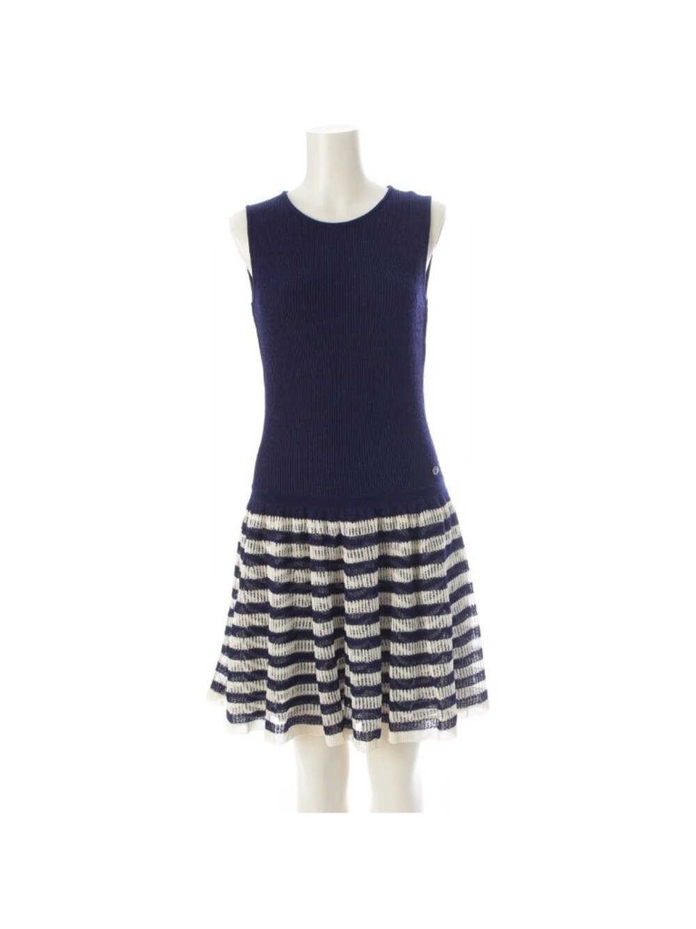Chanel Polyester Cupro Sleeveless Border Contrast Flare Dress Off White